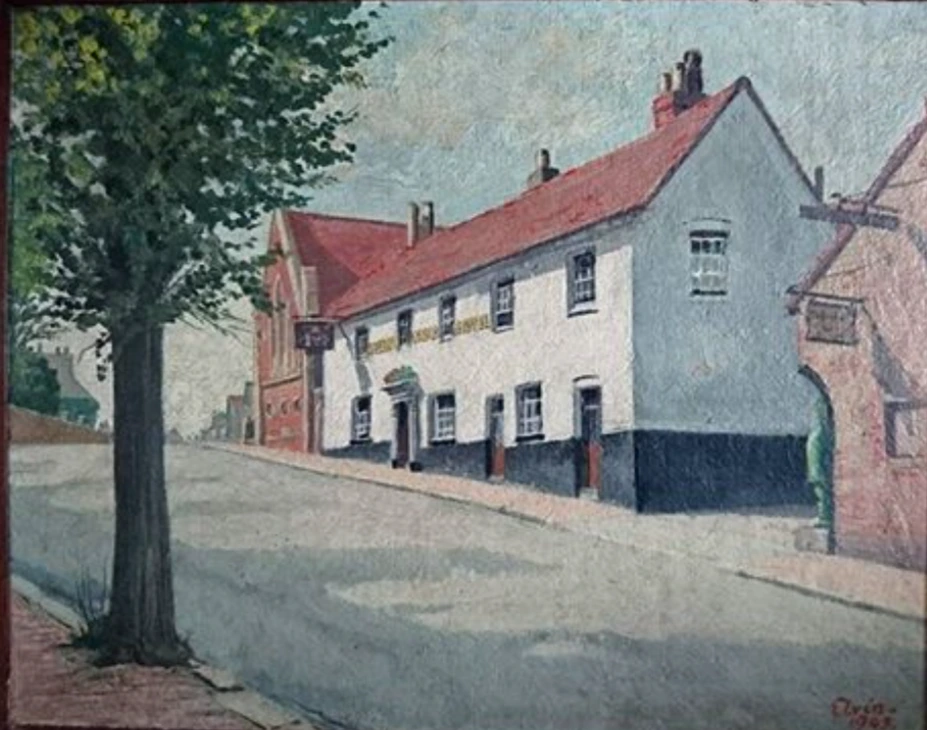 The Pelham Arms on Lewes High Street, painted by John R. Elvin in 1949