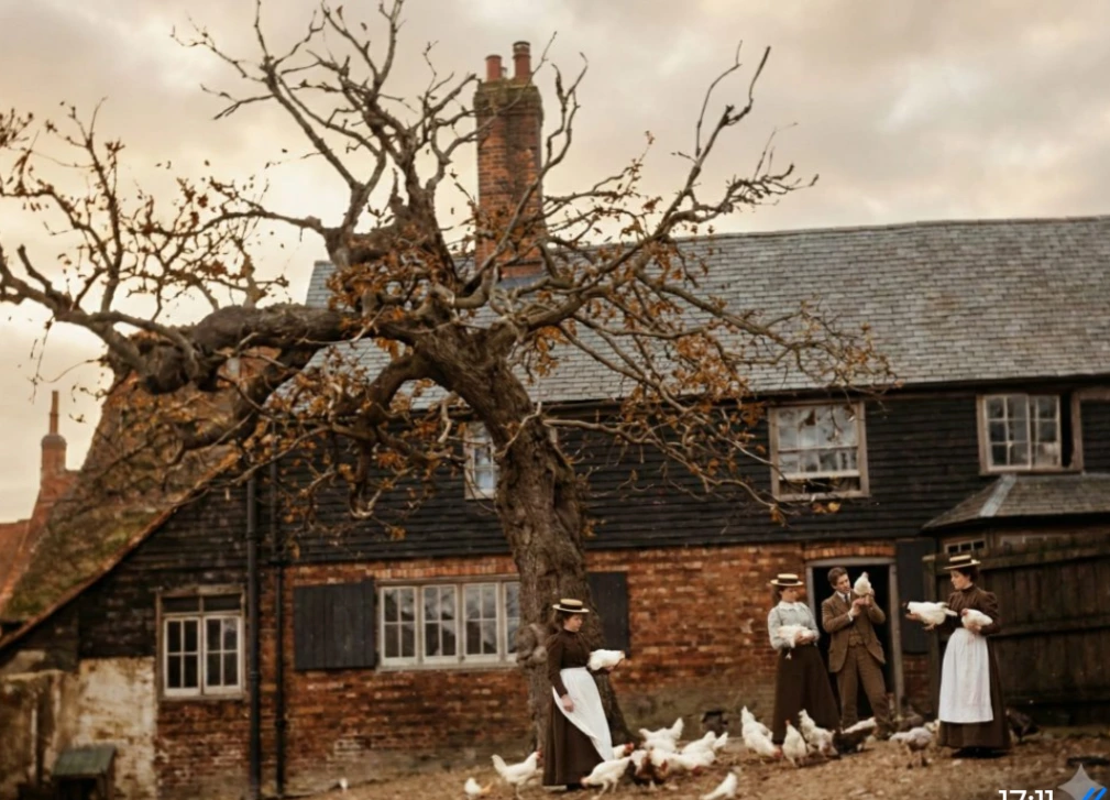 Colourised version of a historic photograph showing the rear of The Pelham Arms, Lewes